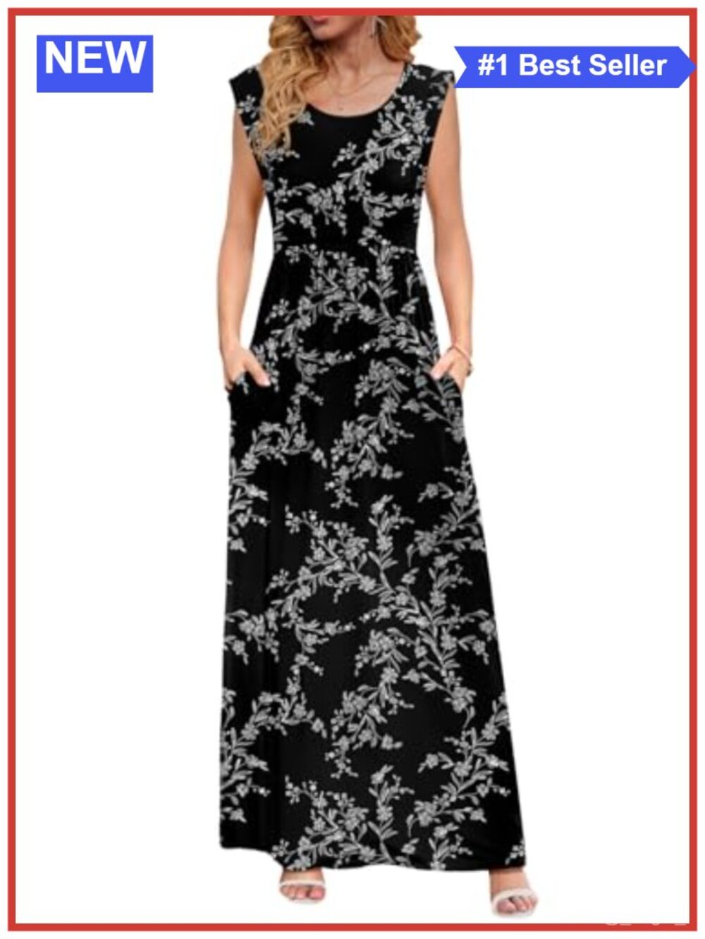 Women's Maxi Dress Empire Waist Cap Sleeve Sundress with Pockets Casual Summer